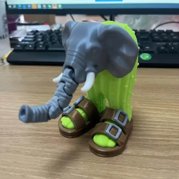 Articulated 3D Printed Cactus Elephant Statue with Slippers - Image 4